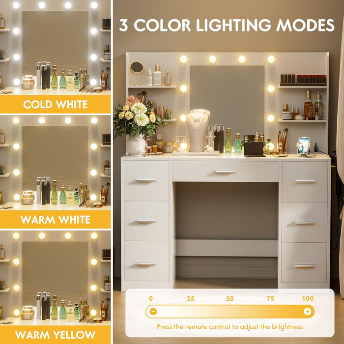 Vanity Desk with LED Lighted Mirror&Power Outlet, 3 Model Lights Makeup Vanity Table with 7 Drawers and 6 Storage Shelves for Bedroom and Dressing Room (White)