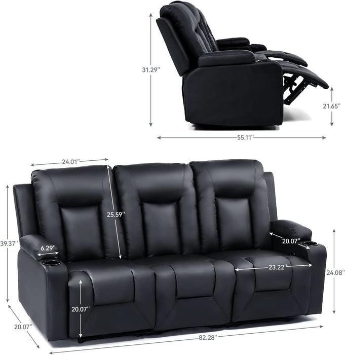 Leather Recliner Sofa Set with Manual Recliners,Living Room Furniture Set with Reclining Couch,Loveseat and Armchair,Living Room Chair with Cup Holders,Black (3+1)