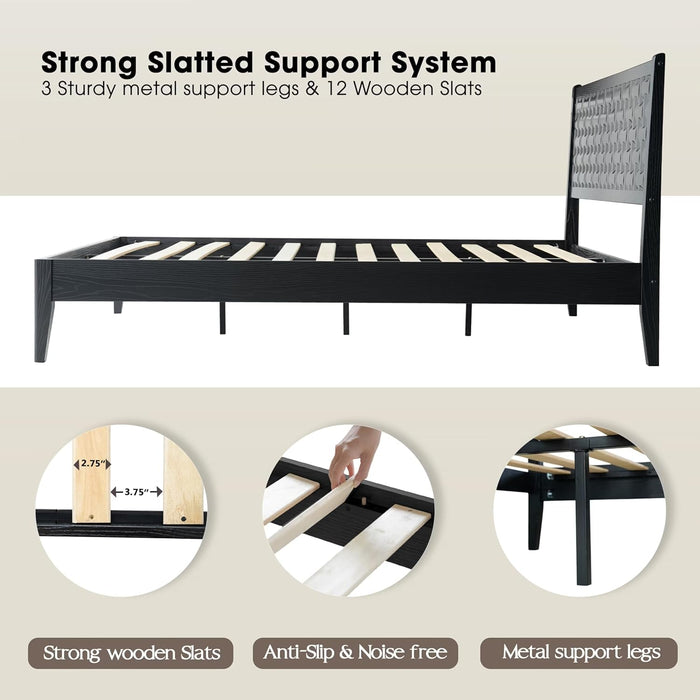 King Size Bed Frame, Solid Wood Platform Bed with Headboard & Footboard, 12 Sturdy Slatted, Central Metal Legs, Easy Assembly, Anti-Slip & Noise-Free, No Box Spring Needed, Ebony Oak Finish ORK-35