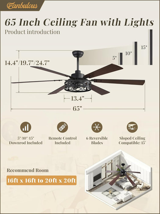 65 Inch Ceiling Fan with Lights, Farmhouse Caged Ceiling Fans with Remote, Black Industrial Ceiling Fans with Quiet Reversible DC Motor, Large Ceiling Fan for Living Room, Bedroom