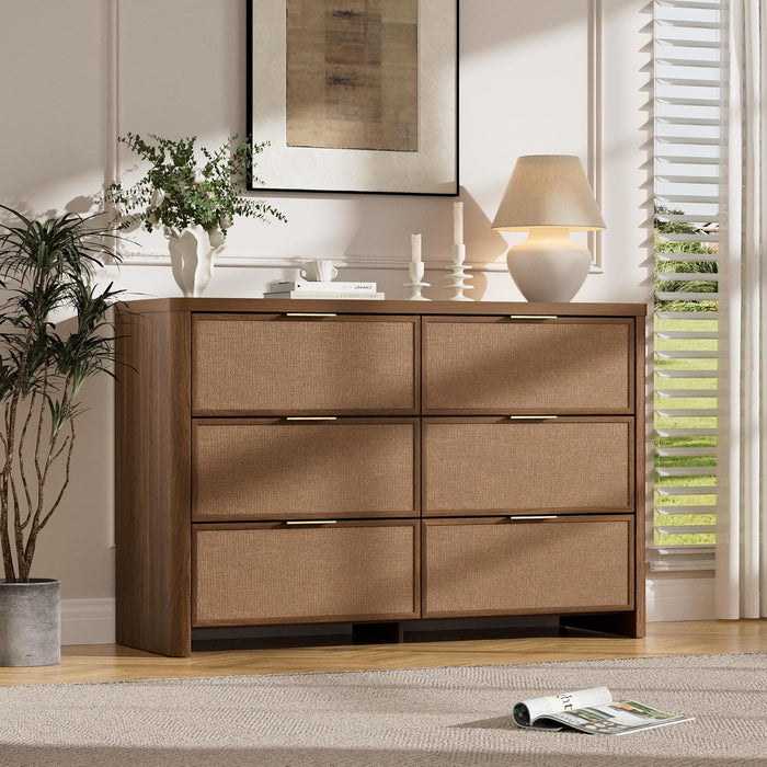 Rattan 6 Drawer Dresser, 47.2" Wide, Walnut