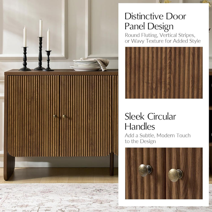 63" Wide Fluted Sideboard Buffet Cabinet Solid Wood, Modern Storage with 4 Adjustable Shelves & Doors, Multifunctional Credenza for Dining Room,Living Room,Entryway,Walnut