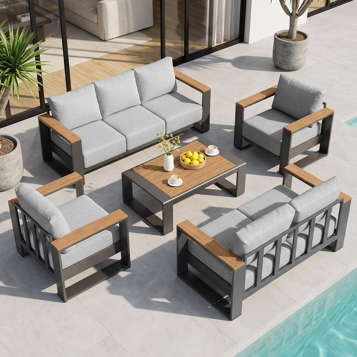 Oversized Aluminum Patio Furniture Set, 5 Pieces Luxury Outdoor Furniture Set with 7.1" Extra Thick Cushion, Modern Outdoor Sectional with Coffee Table for Porch, Garden and Deck, Gray