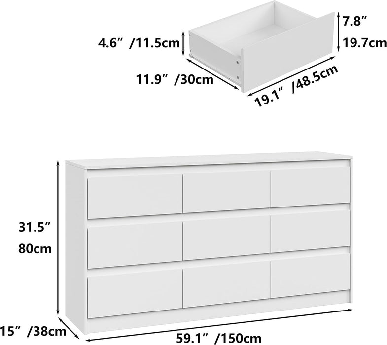 Modern 9 Large Storage Drawers Dresser for Clothes Organizer, White Modern Chest of Drawers for Closet, 60" Long Drawer Organizer Cabinet for Bedroom,Living Room,Entryway,Hallway