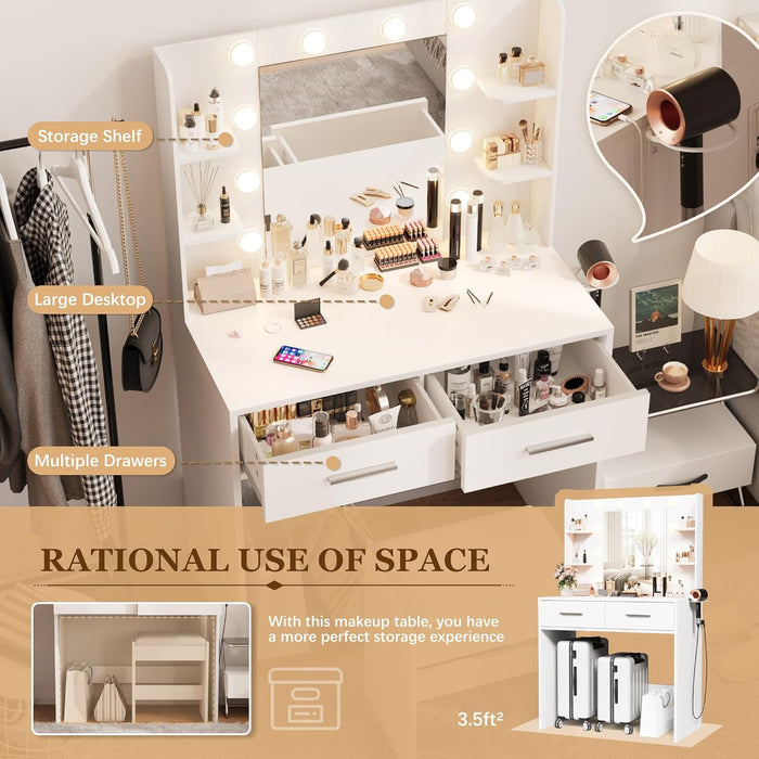 White Makeup Vanity Desk Featuring Illuminated Mirror
