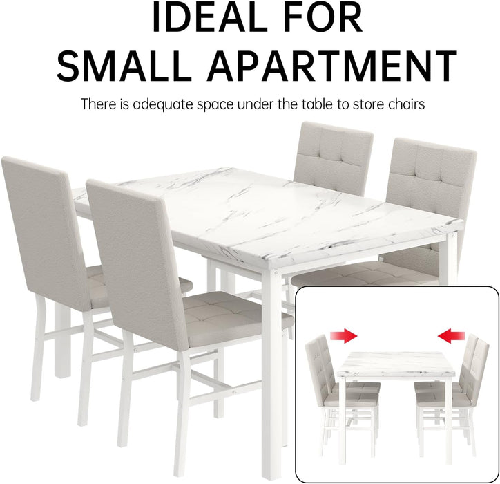 Snow White MarblePatterned Dining Table Set FivePiece