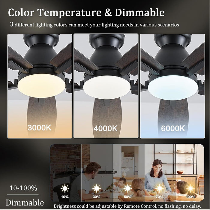 52 Inch Brown Modern Ceiling Fans with Lights, Low Profile Ceiling Fan with Remote/App Control, DC Reversible Motor, Dimmable LED Ceiling Fans for Bedroom,Indoor/Outdoor