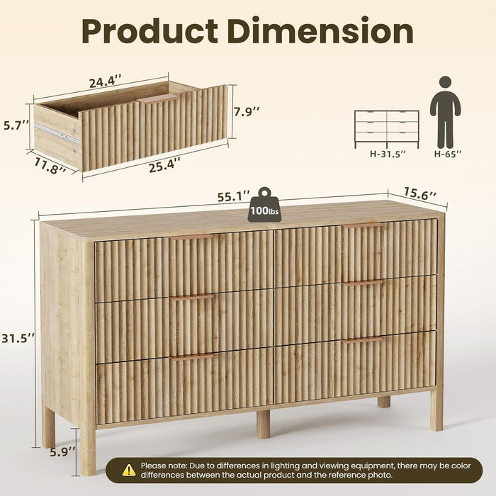 Solid Oak 55InchWideDresserWithSixDrawersStorageOrganization