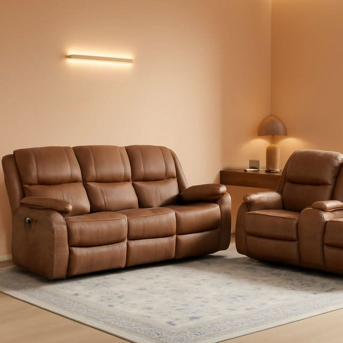 2 Pieces Manual Recliner Sofa Set, Faux Leather Reclining Couch Set for Living Room, Included Loveseat Recliner Couch and 3 Seat Reclining Sofa, Brown