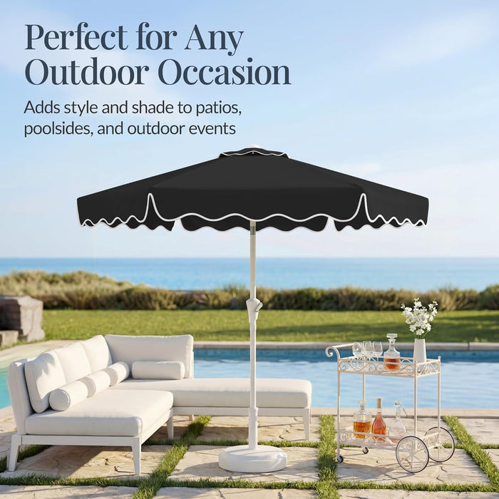 7.5Ft Patio Market Umbrella with Wavy Trim, Uv-Fade-Resistant 210G Canopy, Crank & Tilt, Wind Vent, Heavy-Duty Frame - Black