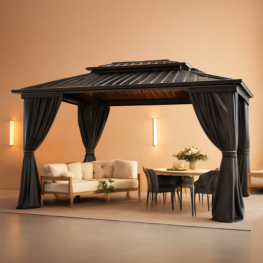 10x15 Hardtop Gazebo Black Flame Retardant Curtain
