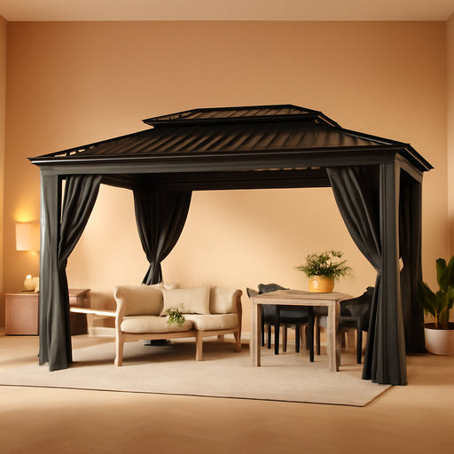 10X15 Hardtop Gazebo on Clearance with Galvanized Steel Double Roof,Heavy Duty Gazebo with Flame-Retardant Curtain & Netting, Permanent Pavilion Outdoor for Patio, Frame Thickened, Black