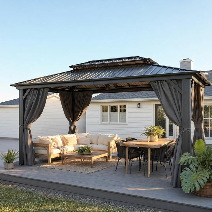 10X15 Hardtop Gazebo on Clearance with Galvanized Steel Double Roof,Heavy Duty Gazebo with Flame-Retardant Curtain & Netting, Permanent Pavilion Outdoor for Patio, Frame Thickened, Black