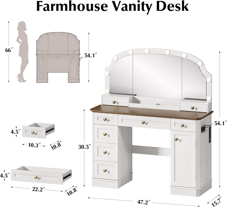 Amberhaus Farmhouse Vanity Desk With Mirror Lights