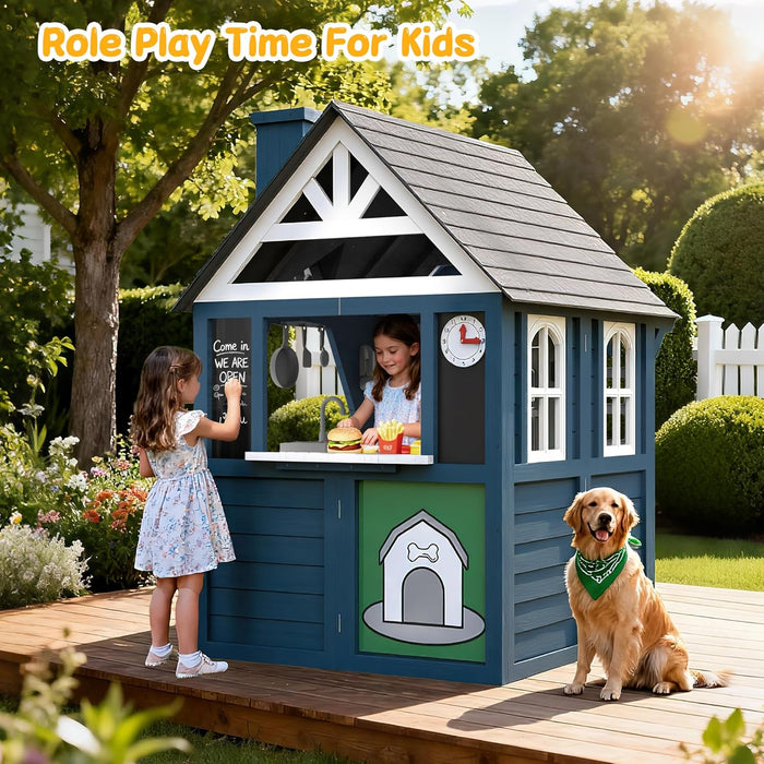 Kids Playhouse Outdoor,Cedar Gray Wooden Play House for Kids Ages 3-8,Interactive Doorbell, Kitchen Counter with Utensils, Sink, Window Boxes for Flowers (Blue)