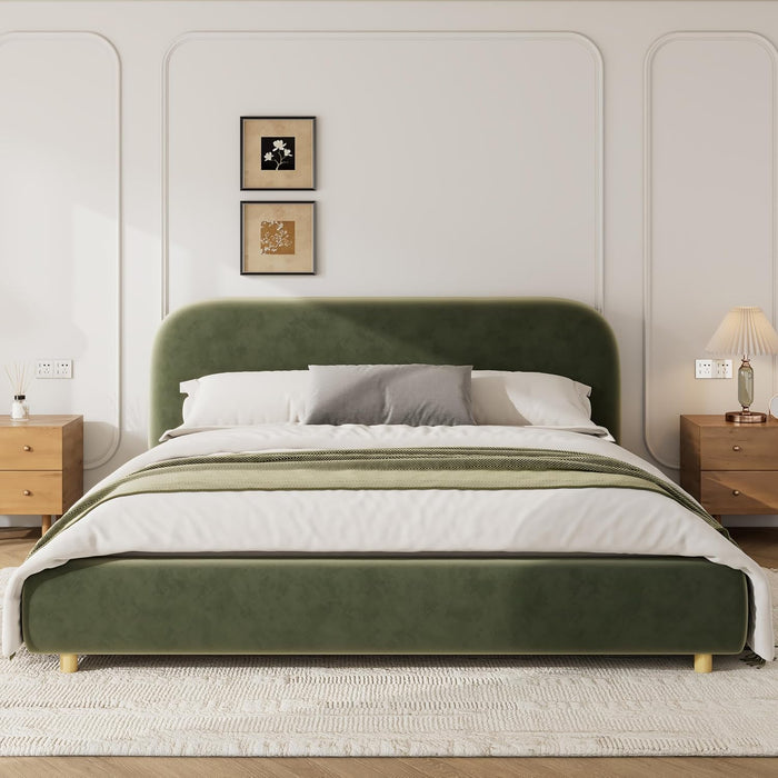 King Size Teddy Fleece Thick Fabric Upholstered Platform Bed with Curved Shaped Headboard, Wood Bed Frame with Solid round Legs for Kids Teens Adults, Olive Green