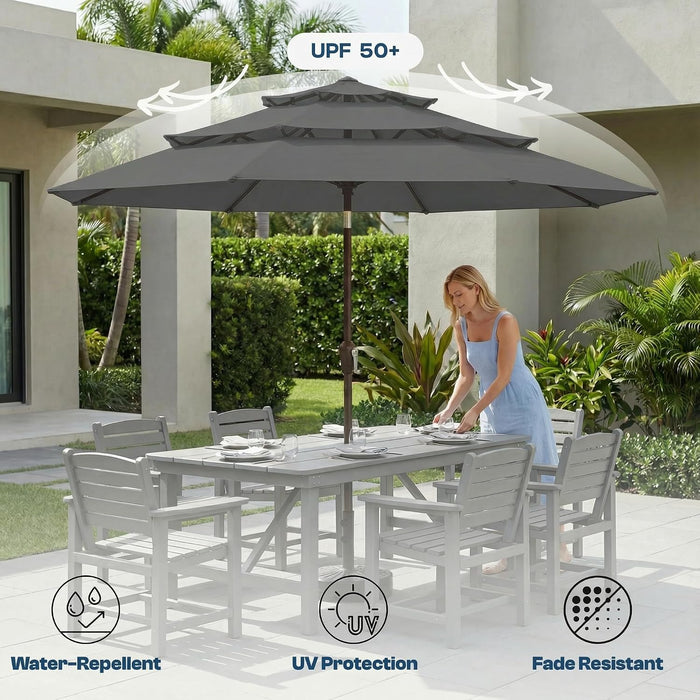 10Ft Patio Umbrella, 3 Tier Outdoor Market Table Umbrellas with 8 Fiberglass Ribs and Push Button Tilt, Windproof, Vented Canopy, UV Protection for Deck, Pool, Backyard