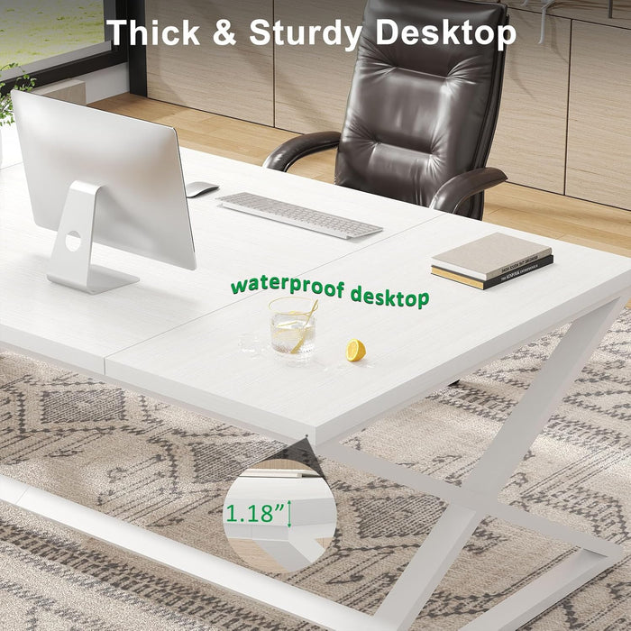 Long White Computer Desk, Modern Simple Large Home Office Desk, Wood Metal Work Study Writing Table for 2 Monitors, Double Pc Gaming Executive Workstation in Bedroom Living Room, White Oak,70 In