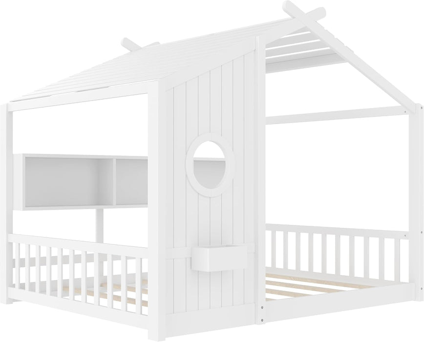 Full Size White Wooden House Bed Frame With Storage