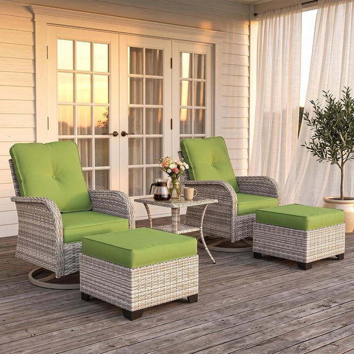 Outdoor Patio Furniture Set Patio Rocking Swivel Chair with Tempered Glass Side Table, Outdoor Wicker Rattan Bistro Set with Ottomans for Garden, Deck, and Balcony, Avocado Green