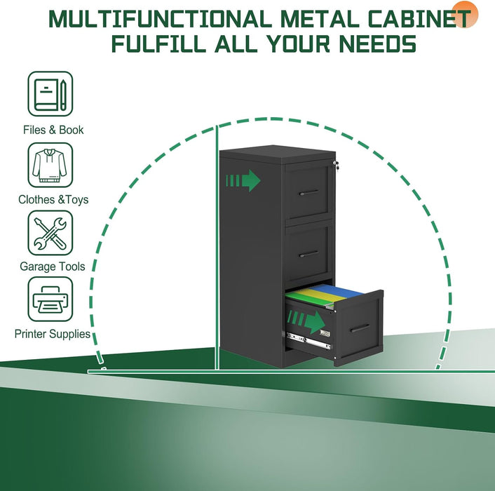 Metal 3 Drawer Vertical File Cabinet with Lock, Steel Lockable Filing Cabinet, Home Office Storage Cabinet Fits Letter A4 Legal Files, Anti-Tilt Full Extension Drawers for Document Organizer