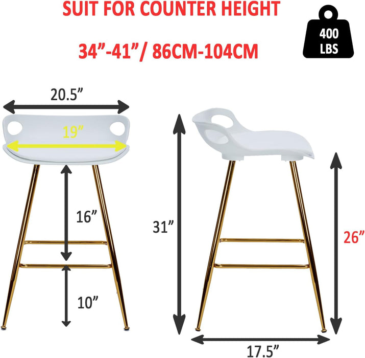 Bar Stools Set of 2, Gold Bar Stools, Counter Height Stools with Leather Padded Seats and Footrests, 26 Inch White Barstools for Kitchen Island, Farmhouse or Home Bar