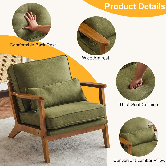 Accent Chair Wide Armrest Mid-Century Lounge Chair Linen Fabric Armchair with Lumbar Pillow & Solid Wood Frame for Living Room, Bedroom, Balcony, Green