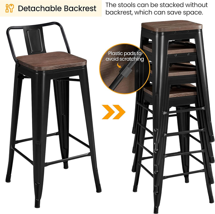 30" Metal Barstools Set of 4 Bar Height Bar Stools with Wooden Top Low Back Industrial Bar Stools Metal Stool for Indoor-Outdoor Counter Stools with Wooden Seat Matte Black