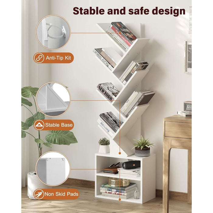 6 Tier Tree Bookshelf, Tall Bookcase with Storage Cabinet, Modern Narrow Bookshelves Organizer, Floor Standing Book Shelf for Bedroom/Living Room/Home Office/Corner, White