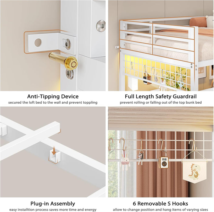 Bunk Bed Twin over Twin with Hall Tree, Charging Station and LED Lights, L-Shaped Bunk Bed with Desk, 5 Storage Drawers, Twin Bunk Beds with Guardrail & Stairs, No Box Spring Needed, White