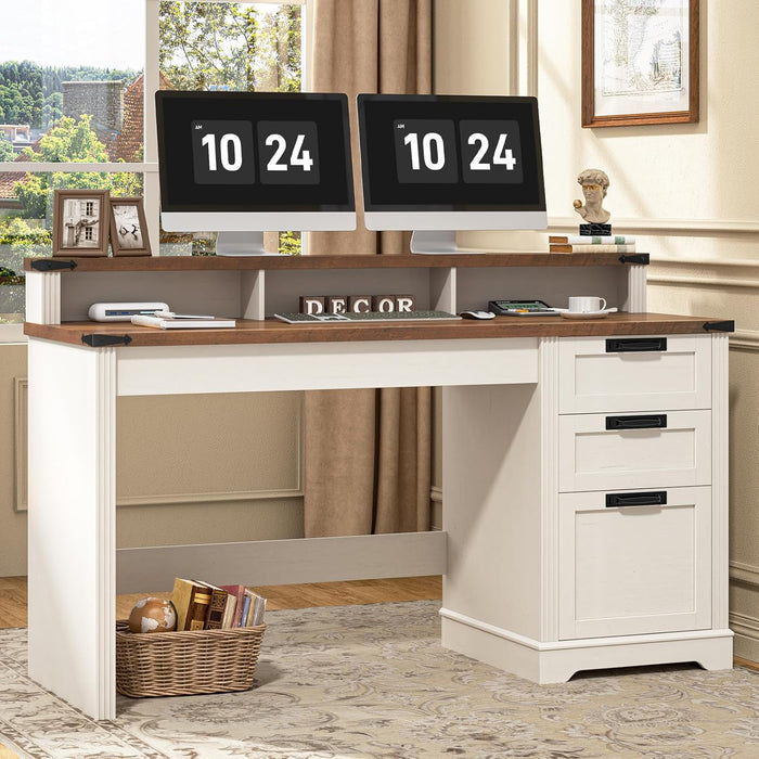 55" Farmhouse Executive Desk with 3 Drawers, Wooden Computer Desk with Keyboard Tray, Home Office Desk with File Drawer (Fits A4 Size) for Work and Study, White and Brown