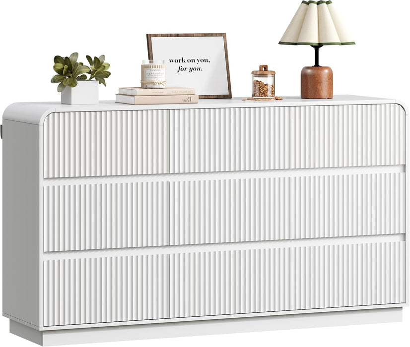 White Dresser Fluted 9 Drawers Dresser for Bedroom, 59" Wide Wood Chest of Drawers with Hidden Handles & Rounded Corners, Modern TV Stand Storage Cabinet for Living Room, Hallway, Entryway
