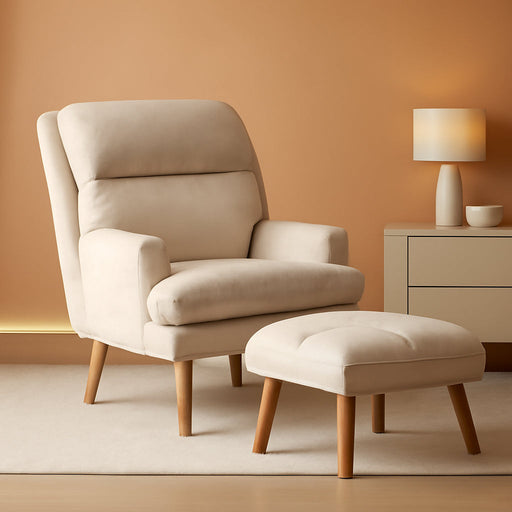 Accent Chair with Ottoman Comfy Reading Chair Armchair with Adjustable Backrest and Side Pockets Soft Fabric Leisure Sofa for Bedroom, Living Room, Dorm Rooms, Garden, Beige
