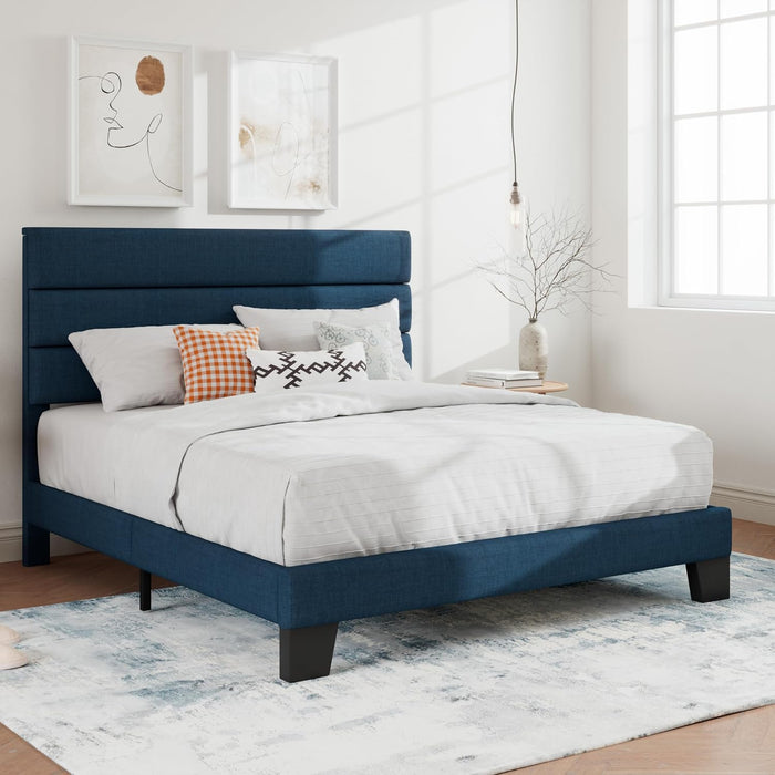 Full Platform Bed Frame with Upholstered Fabric Headboard, Mattress Foundation with Strong Wooden Slats Support, No Box Spring Needed, Blue