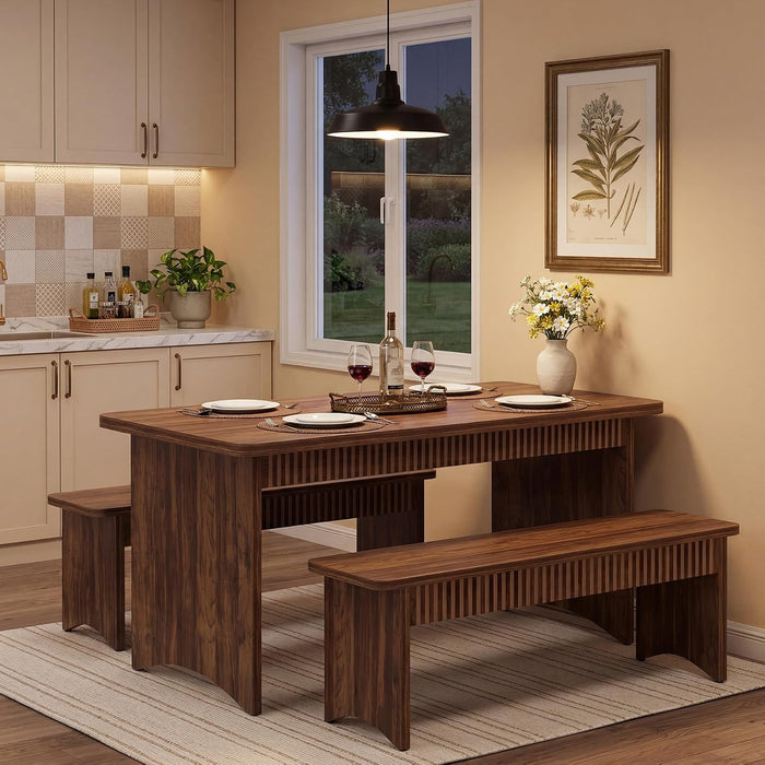 55" Dining Table with 2 Benches, Dining Table Set for 4-6 People, Farmhouse Kitchen Table with Bench, Dining Room Table Set
