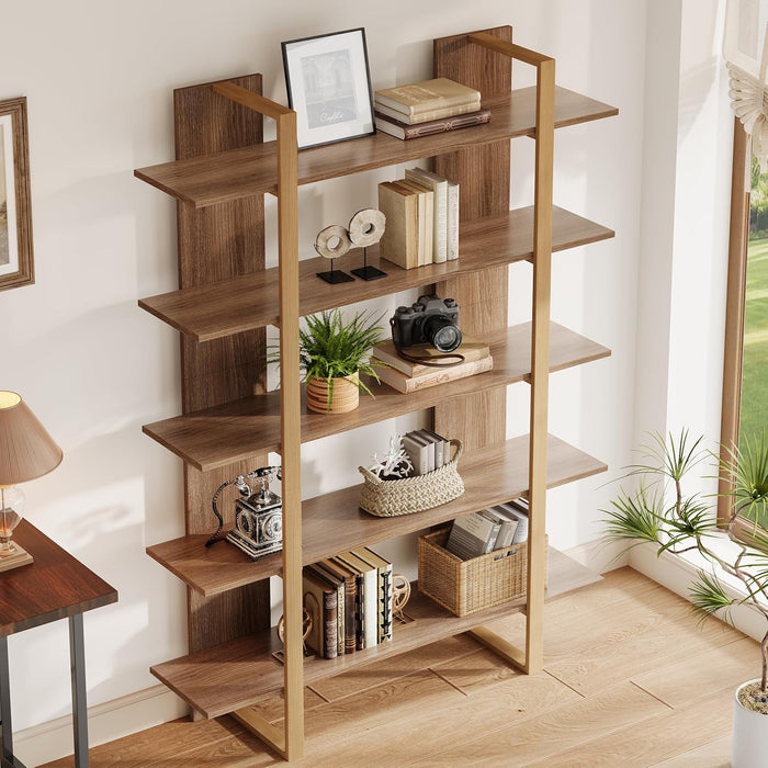 Five Tiered Bookshelf Metal Frame Beige Oakwoodfinish