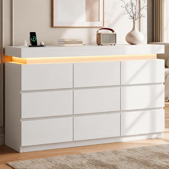 9 Drawer Dresser with LED Lights and Charging Station, Modern White Dresser