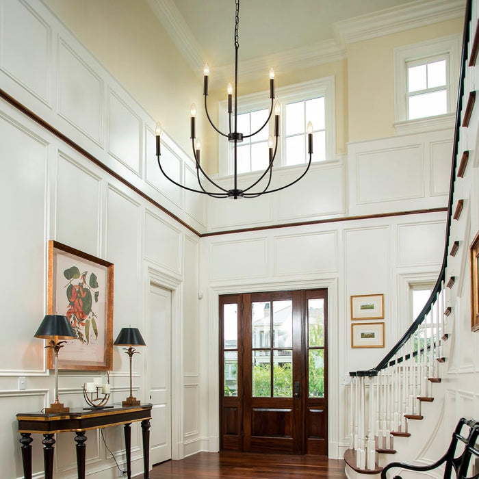 9-Light Black Chandelier for Entryway, Modern Farmhouse Dining Room Light Fixture, Industrial Candle Pendant Light for Foyer Stairway Living Room