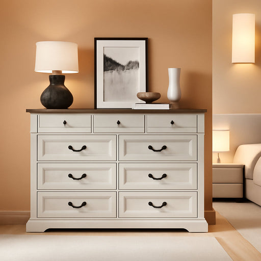9 Drawers Dresser for Bedroom, Wood Bedroom Chest of Drawers, Farmhouse Tall Dresser for Closet, Dressers Organizer for Living Room, Hallway, Beige