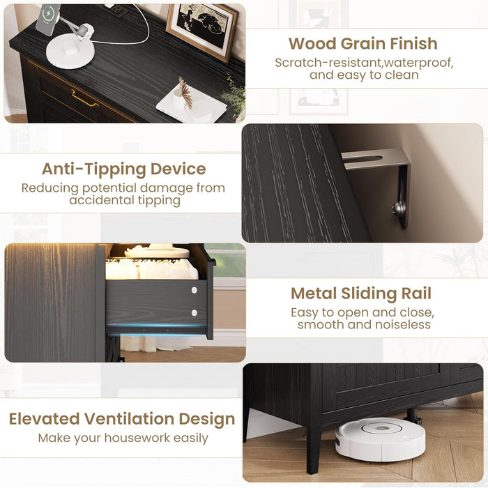 Black Dresser for Bedroom, 8 Drawer Dresser with LED Lights and Power Outlet, Closet Dressers Chests of Drawers, Double Wooden Dressers for Entryway, Hallway