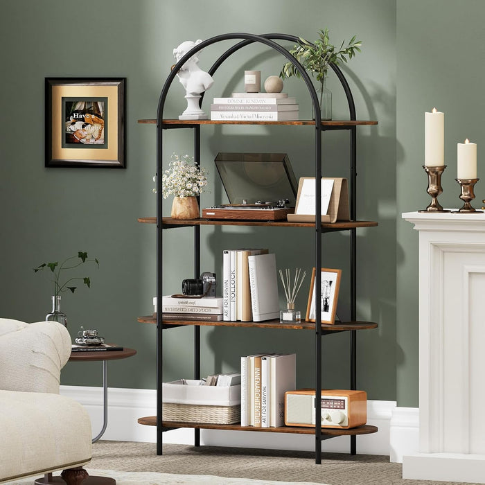 Arched Bookshelf, 4-Tier Industrial Open Bookcase with Sturdy Metal Frame, Freestanding Display Storage Organizer for Living Room, Home Office and Bedroom, Rustic Brown