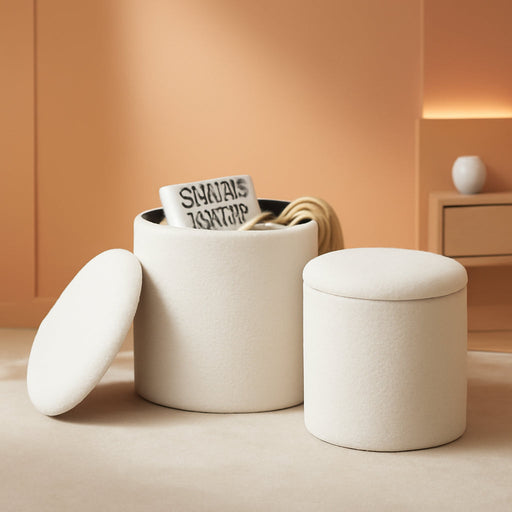 Round Set of 2 Ottoman with Storage, Boucle Storage Ottoman Foot Stool, Soft Teddy Upholstered Small Vanity Stool, Ottomans Coffee Table Padded Seat Foot Rest for Living Room Bedroom, White