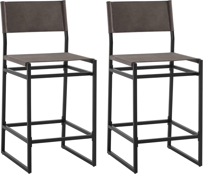 Faux Leather Counter Height Bar Stools Set of 2, Sling Armless Kitchen Barstools with Back and Metal Frame, 24" H Seat Height Counter Chairs, Grey