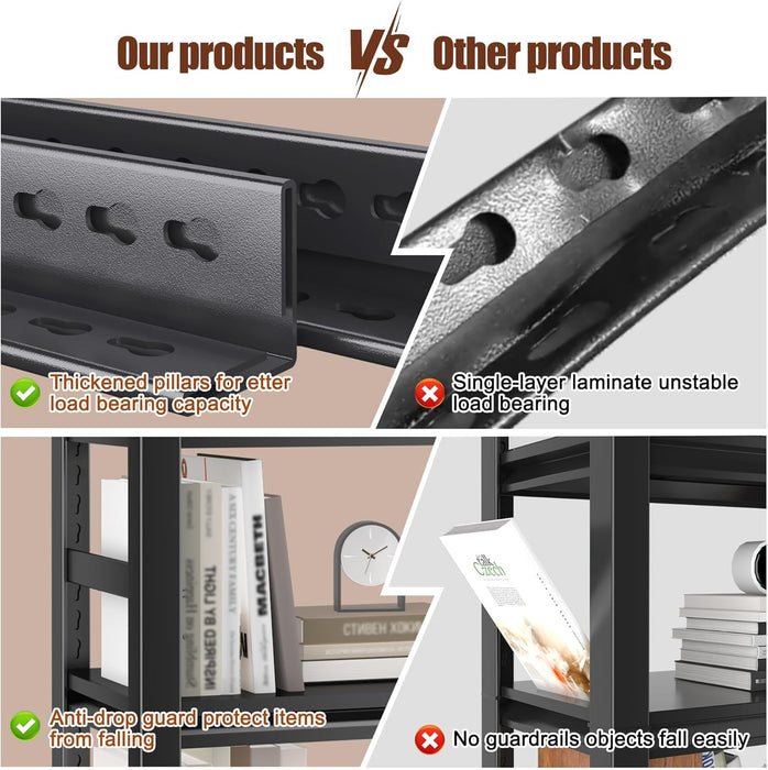 5-Tier Metal Bookshelf, Adjustable Industrial Bookcase, 72" Tall Storage Shelf for Books, Cds, Movies – Free Standing, for Office, Living Room, Bedroom