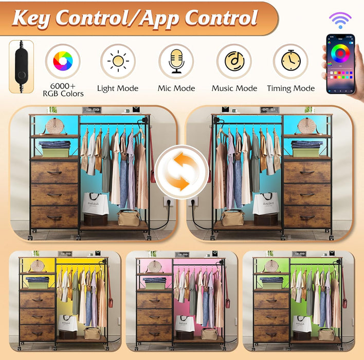 Brown Dresser With Hanging Rack And LED Lights Charging Station