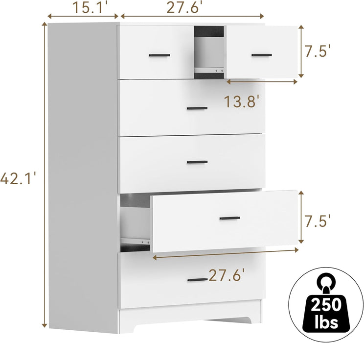 Dresser with Power Outlets Wooden 6 Drawer Dresser with Large Organizer White Tall Storage Organizer with Smooth Metal Rail Modern Chest of Drawers Closet for Bedroom Hallway