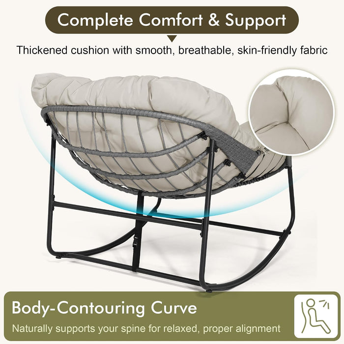 Oversized Egg Rocking Chair for Indoor Outdoor – All-Weather Wicker Rattan Lounge Chair with Cushion Patio Rocker for Porch Garden or Balcony (Beige)