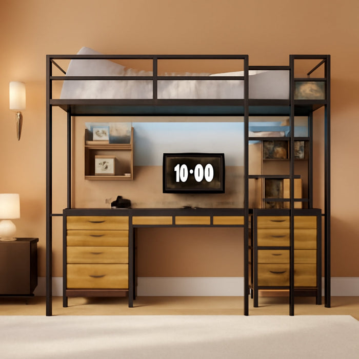 Full Size Loft Bed with Desk and 8 Storage Drawers, Metal Loft Beds Full with LED Lights & Charging Sation, Heavy Duty Loft Bed Frame with 6 Storage Shelves, Space-Saving, Rustic Brown