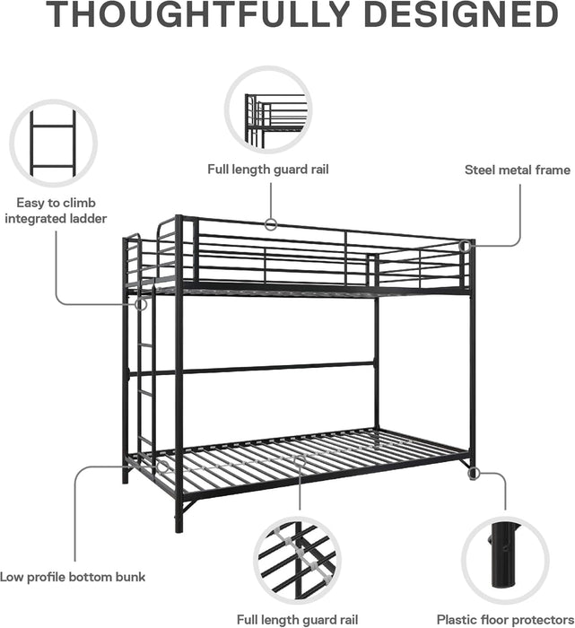 Daven Easy Assembly Metal Bunk Bed for Kids, Teens and Adults, with Ladder, High Guardrail, Metal Slats, Smooth Rounded Edges, No Boxspring Required, Twin-Over-Twin, Black
