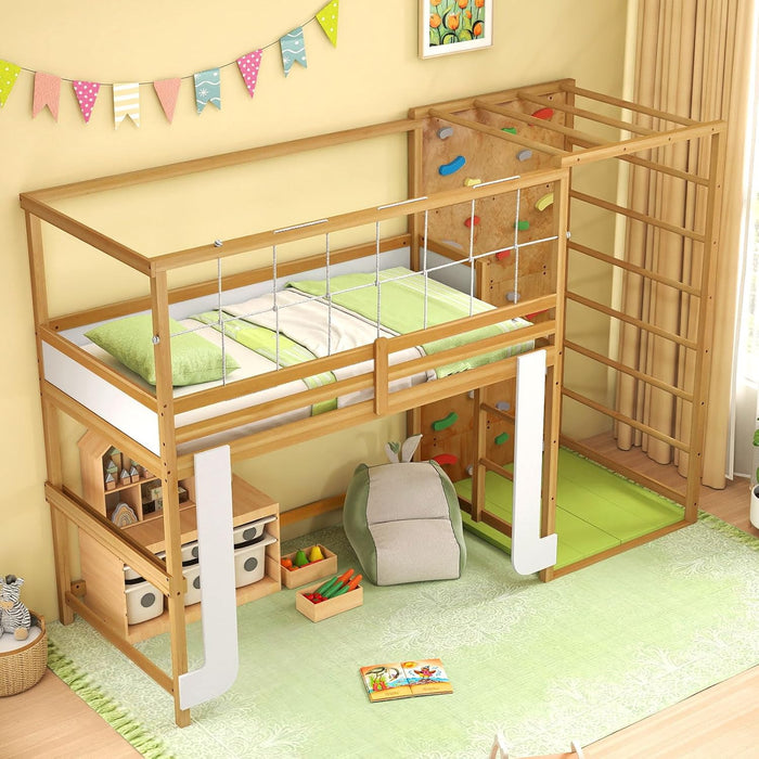 Twin Bunk Bed Jungle Gym Playhouse NaturalFinishWood
